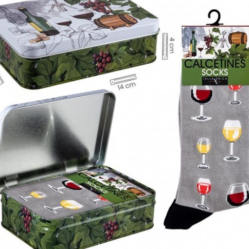 Calcetines Grises con Copas de vinos caja metal decorada