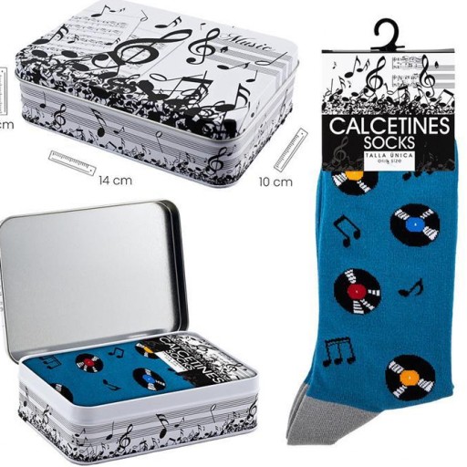 Calcetines Disco Vinilo Azul en caja metal decorada