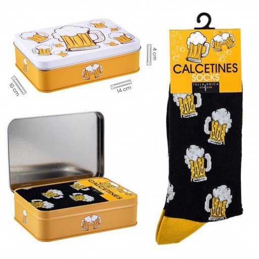 Calcetines Negros con Jarras de Cerveza en caja metal decorada