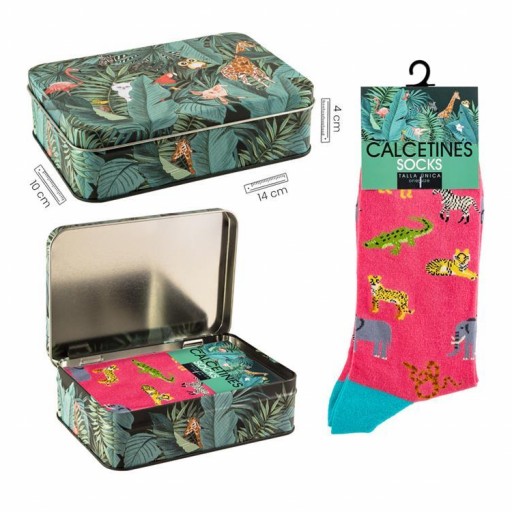 Calcetines Rosa Fucsia con animales salvajes en caja metal decorada