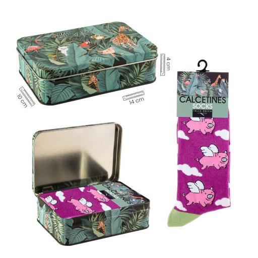 Calcetines Fucsia con Cerdo con alas en caja metal decorada