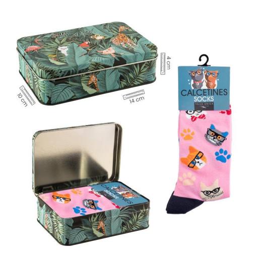Calcetines Rosas con Gatos en caja metal decorada