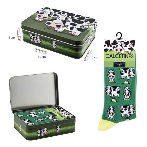 Calcetines Verdes con Vacas en caja metal decorada