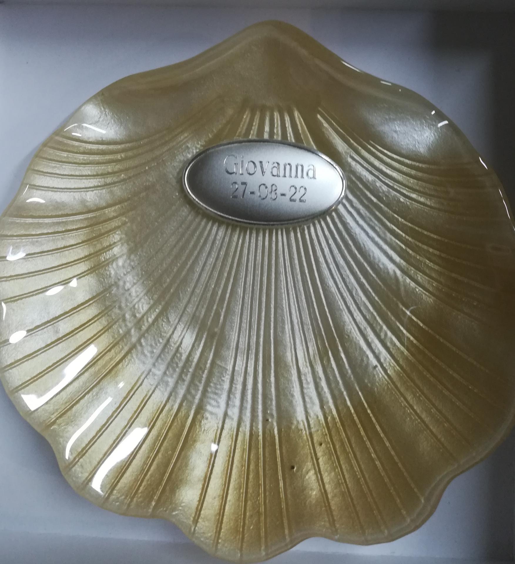 Concha Bautizo Cristal Nacar tono salmón Estuchada de 14x14 cm con ovalo  Plata Bilaminada Estuchada de Deamsa : 19.90 euros