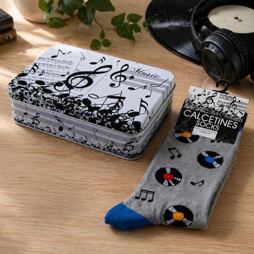 Calcetines Disco Vinilo Gris en caja metal decorada [1]