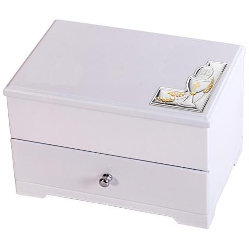 Joyero Música con Bailarina en Madera lacada Blanca aplique plata  Primera Comunión esquina [0]