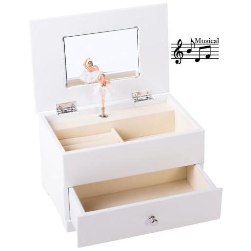 Joyero Música con Bailarina en Madera lacada Blanca aplique plata  Primera Comunión esquina [1]