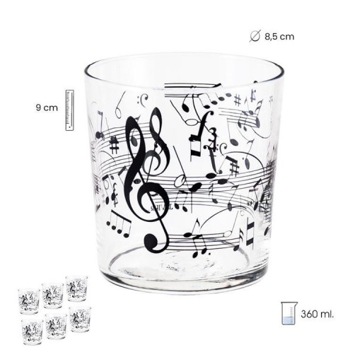  Juego 6 Vasos  Música 360 ml Cristal con Notas Musicales de color negro [1]