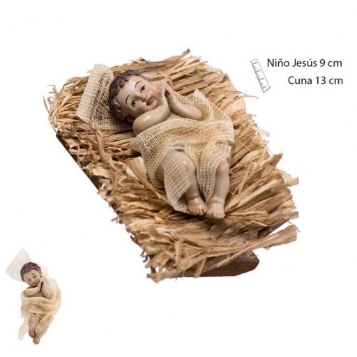 Niño Jesús 9 en cuna con paja de 13 cm