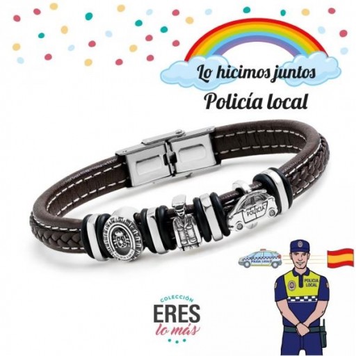 PULSERA Policía Local en PIEL TRENZADA y PLATA DE LEY 925