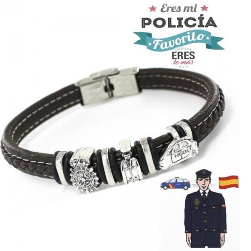 PULSERA Policía Nacional en PIEL TRENZADA y PLATA DE LEY 925