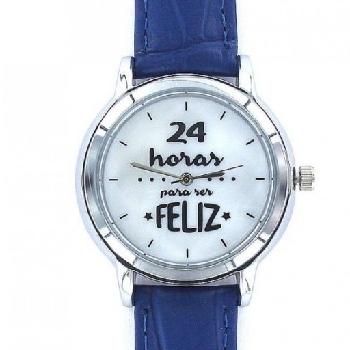 Reloj My Life 24 Horas Para Ser Feliz Esfera Nacar De 35 mm y Correa Piel Azul