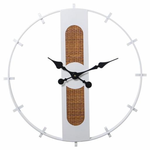 Reloj Pared Metal blanco con mimbre y madera blanca de 64 cm