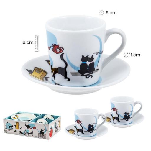 Set Dos Tazas Café con Platos mascotas de gatos