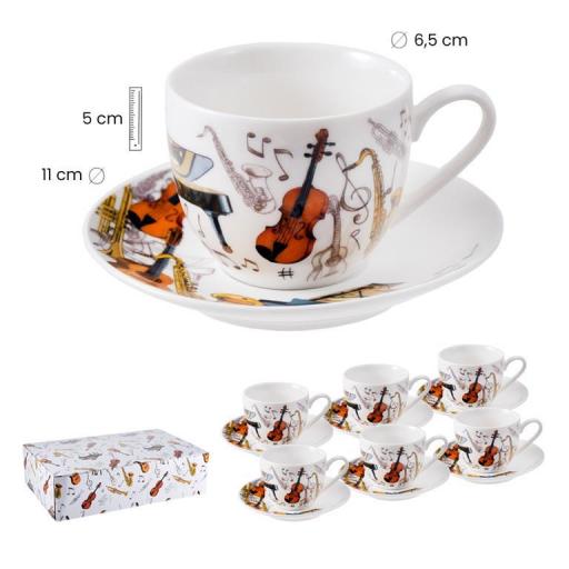 Juego 6 Tazas Café 100 ml con platos cerámica decorados con Instrumentos Musicales en color
