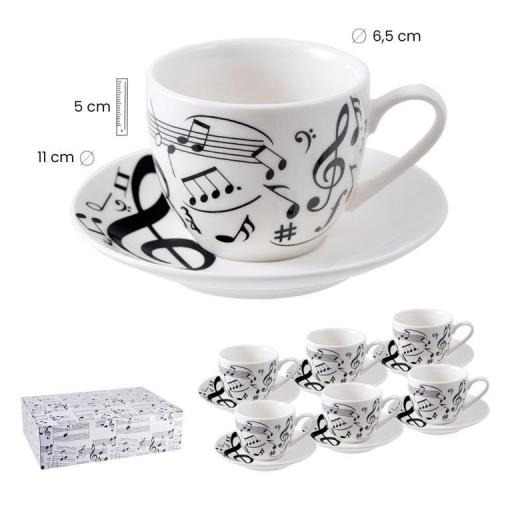 Juego 6 Tazas Café 100 ml con platos cerámica decorados con Notas Musicales de color negro