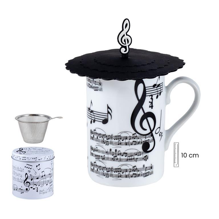 Set taza con filtro, tapa de silicona con filtro y lata decorados con Notas  Musicales en blanco y negro : 14.90 euros