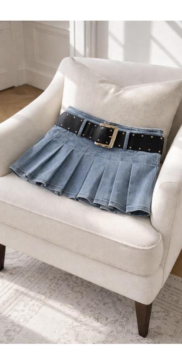 falda mini denim plisada con cinturón  [2]