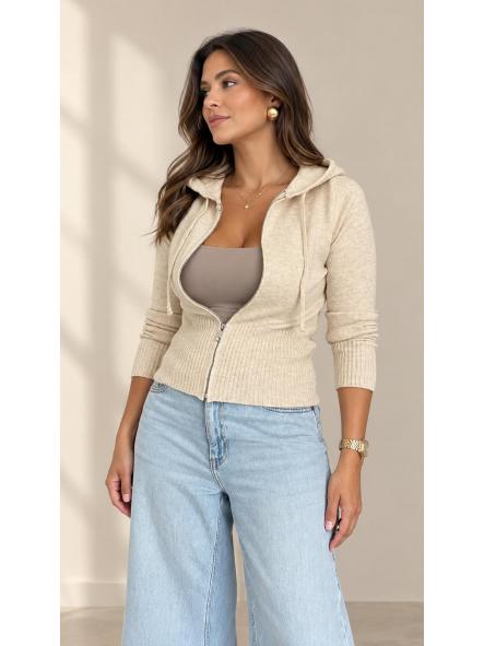 Chaqueta con capucha de punto beige [0]
