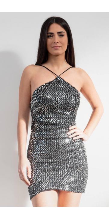 Vestido atado cuello paillettes  