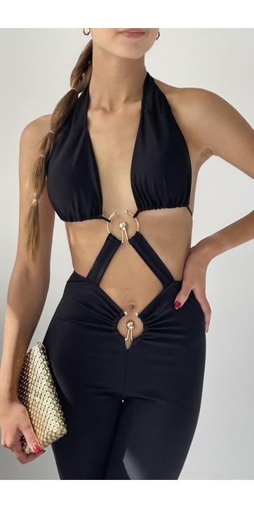 Mono ajustado cuello halter con aro dorado 