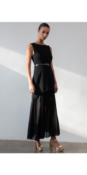 Vestido largo con cinturón y transparencia  [1]