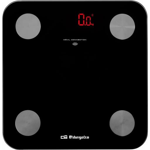 Orbegozo - Báscula de baño inteligente, activación táctil, conexión bluetooth, modo bebé, 13 parámetros, indicador sobrecarga, 180 kg, Negro [1]