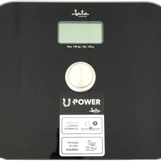  Báscula de Baño Digital jata Grasa Corporal, Pantalla LCD, SIn pilas, Carga Automática, Ecológica, Capacidad de 150 kg, Plataforma de Vidrio, Apagado Automático, Negro [1]
