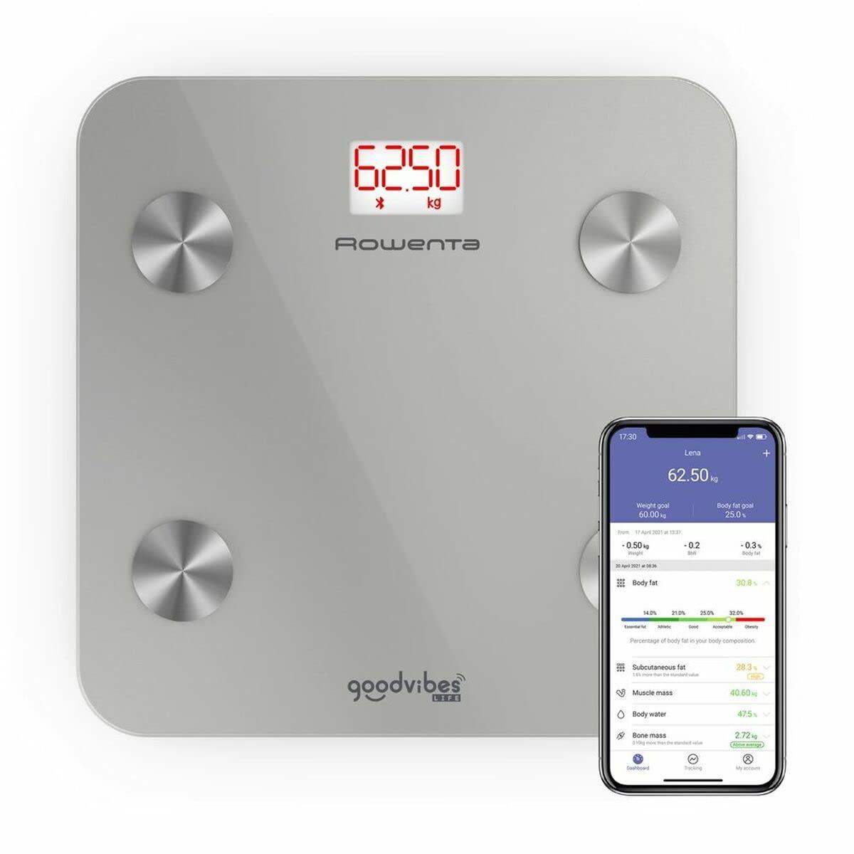 Báscula inteligente rowenta de baño digital con medidor de grasa corporal e IMC, 10 medidas corporales, aplicación conectada, gran pantalla LED, hasta 160kg de capacidad, BR9600S1