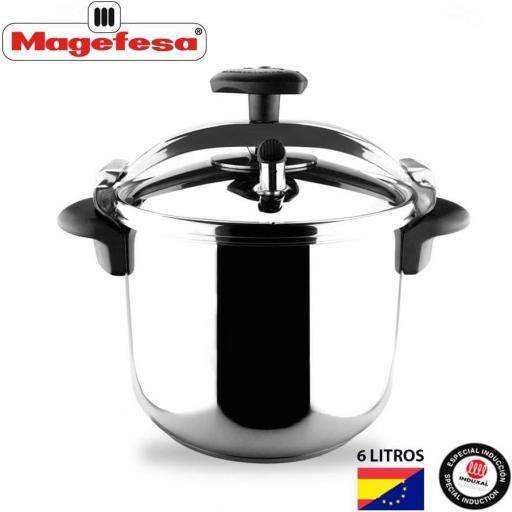 MAGEFESA ® Star olla a presión rápida de 6 litros, pack exclusivo Olla + Cestillo + Libro de recetas, fácil uso, acero inoxidable 18/10, para todo tipo de cocinas, incluido inducción, express [1]