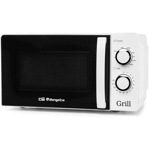  Microondas con grill Orbegozo 20 litros de capaciad, 900 W, 3 funciones combinadas, incluye rejilla para funcion gril, temporizador, señal de fin de coccion, color blanco