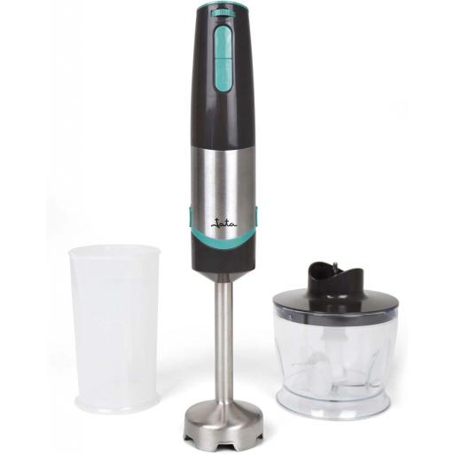 Batidora de mano jata con picadora y vaso de 500 ml. Doble cuchilla de acero inoxidable. Pie de acero inoxidable desmontable. Función turbo. Antisalpicaduras. 800 W