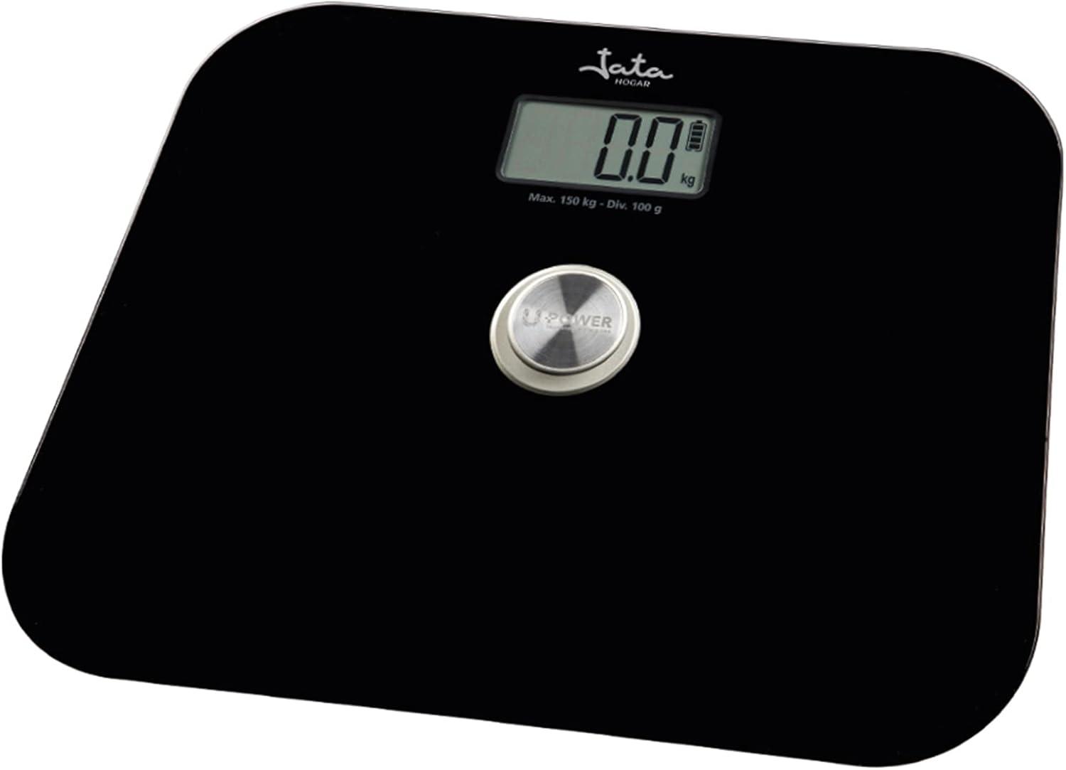 Báscula de Baño Digital jata Grasa Corporal, Pantalla LCD, SIn pilas, Carga Automática, Ecológica, Capacidad de 150 kg, Plataforma de Vidrio, Apagado Automático, Negro