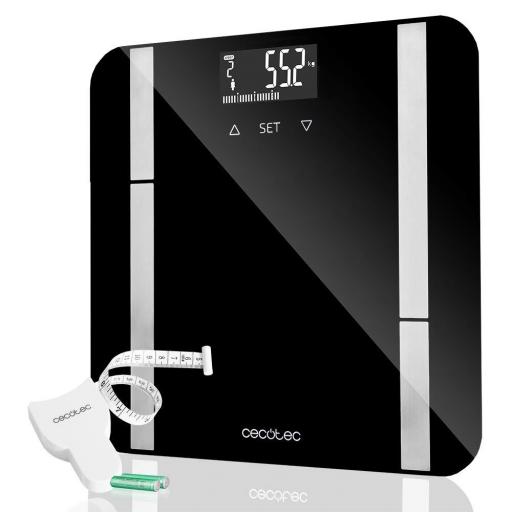 Cecotec Báscula de Baño Digital  Alta precisión, Plataforma de Cristal templado de seguridad, Pantalla LCD, Capacidad máxima de 180kgr, Cinta métrica [0]