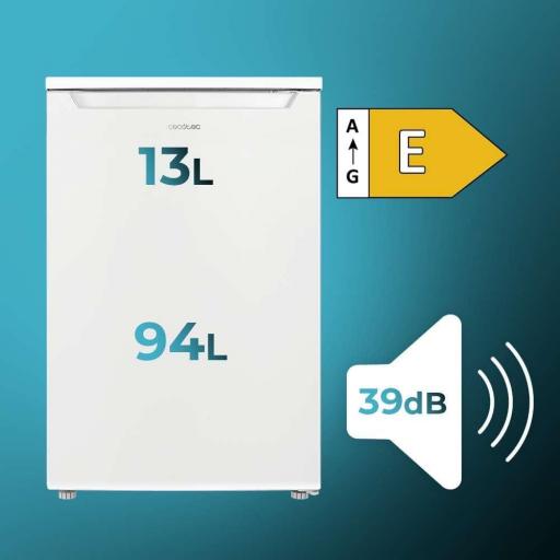 Frigorifico Cecotec Bajo Encimera con Congelador de 13l  color blanco, clase E, temperatura regulable, Crisper Box,  y nivel sonoro bajo.