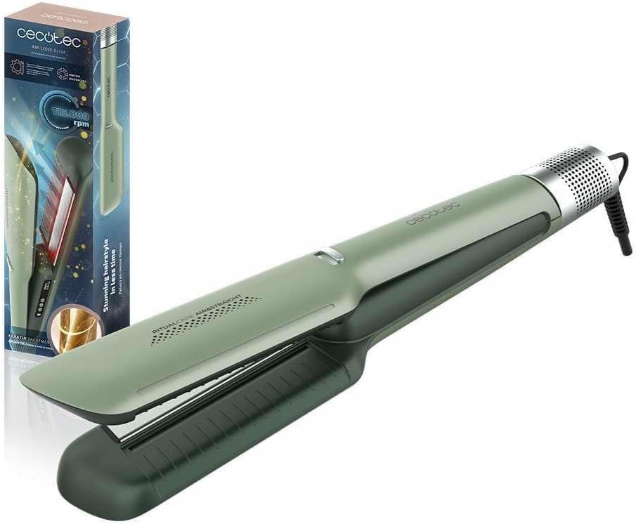 Cecotec Plancha de Pelo con Aire Air Lisse Olive. 600W, Protege el Cabello, Tecnología Iónica, Keratina y Aceite de Argán, 3 Modos y Motor BLDC, Todo Tipo de Cabellos, 3 Temperaturas y 3 Velocidades