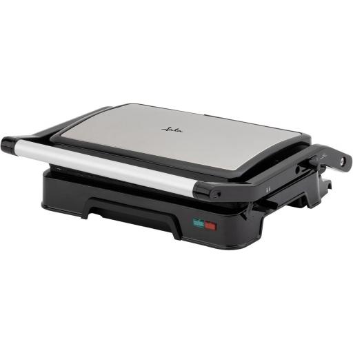  Parrilla eléctrica y grill jATA con placas rayadas antiadherentes de 23 x 14,5 cm. 1000 W. Cocina todo tipo de alimentos. Tapa superior basculante. Apertura 180º. Clip de cierre