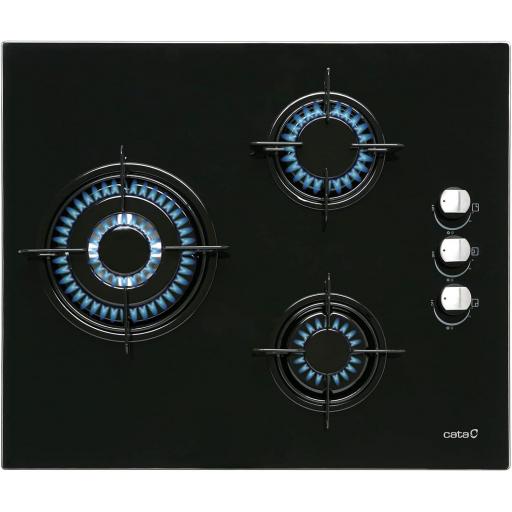  Placa Cristal Gas Cata , 3 Fuegos, Ancho 59 cm, Encimera de Gas Butano, Acabado en Cristal Negro