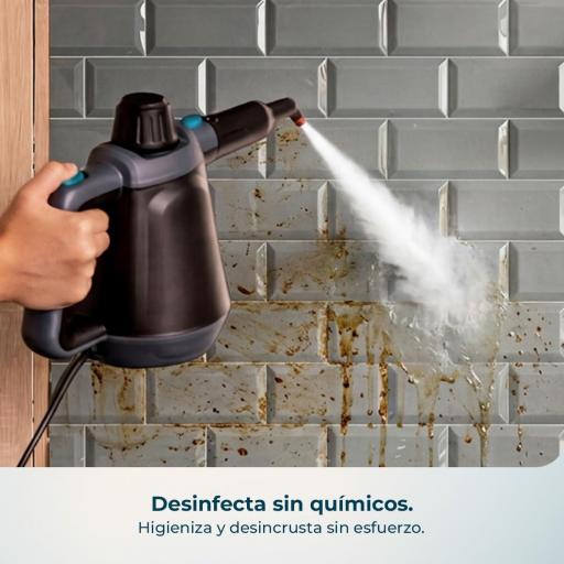  vaporeta de mano potente con 1200 W, depósito de 400 ml, gran kit de accesorios, 3,5 bares de presión y un caudal de vapor de 30 g/min para limpiar y desinfectar de forma rápida y efectiva. [3]