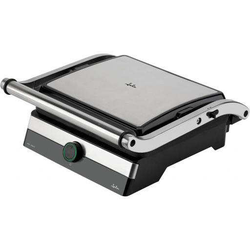  Parrilla Electrica y Grill JATA con placas rayadas antiadherentes de 29 x 23,6 cm. 2000 W. Cocina todo tipo de alimentos. Apertura 180º. Tapa superior basculante. Bandeja recogesalsas