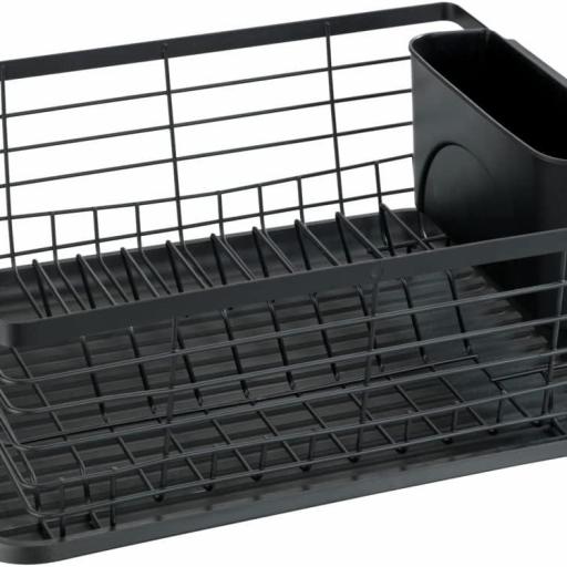 WENKO Escurridor de vajilla «Drip», soporte de escurrimiento para vajilla, adecuado para colocar junto al fregadero, de metal con recubrimiento de polvo y plástico, 36 x 15 x 30,3 cm, en color negro [3]