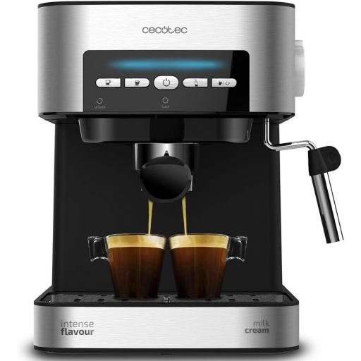  Cafetera express Cecotec 850 W, 20 Bares, 1,5L, Brazo Doble Salida, Vaporizador, Superficie Calientatazas, Mandos Digitales, Acabados en Acero Inoxidable, Negro/Plata