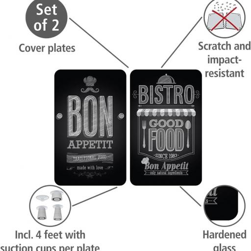 WENKO Placas protectoras para cocina Mod Bon Appetit, ajustable en altura para todo tipo de cocinas, tabla de cortar y protector contra salpicaduras, vidrio, 30 x 52 cm, juego de 2 [2]