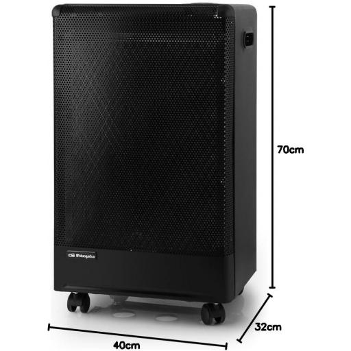 Estufa gas butanoOrbegozo 3000 W, triple sistema de seguridad, apta para gas butano y propano, sistema de seguridad por fallo en llama, asa para transporte, ruedas pivotantes, color negro  [1]