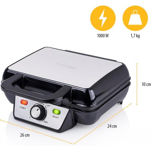 Gofrera Tristar  - 1000W, Capacidad 2 Gofres, Antiadherente, Termostato, Acero Inox [1]