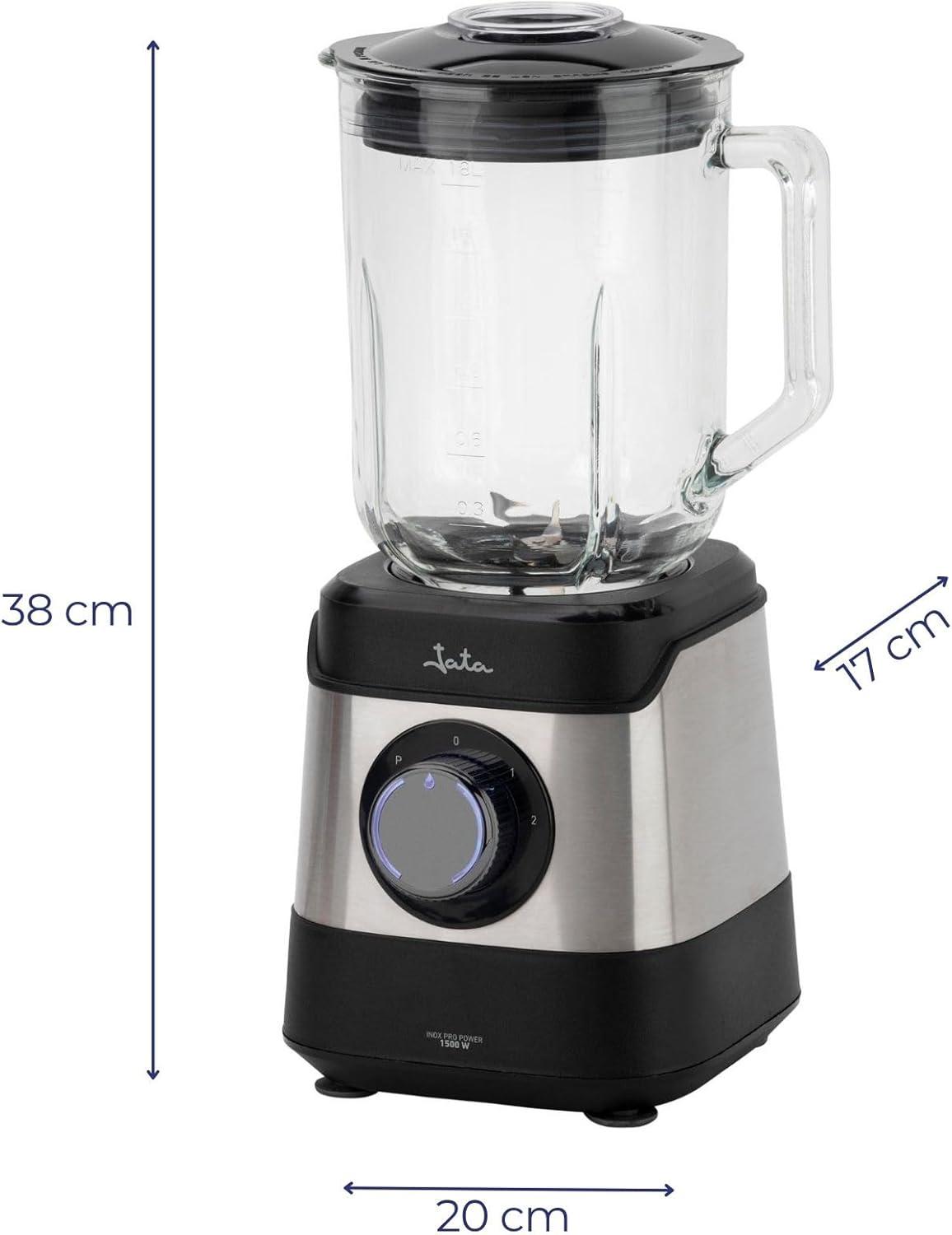 JATA - Batidora de Vaso 1500 W con Jarra de Cristal 1,8 L, Motor AC Alto Rendimiento 17000 RPM, Tritura Hielo, 2 Velocidades + Pulse, Cuchillas Acero Inoxidable, Sistema Seguridad