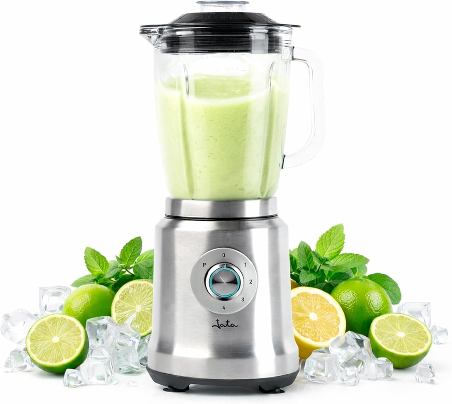 Batidora de Vaso Jata con 4 Velocidades + Pulse. 6 Cuchillas de acero inox dentadas extralargas. 1.200 W. 1,75 litros. Pica hielo. Con motor profesional. Cuerpo de acero inoxidable
