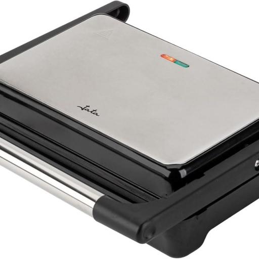 JATA - Grill de asar doble 1500 W | Parrilla eléctrica con apertura 180° y tapa basculante | Termostato regulable | Placas lisas antiadherentes 26 x 16,5 cm libres de PFOA | Cocina sana [1]