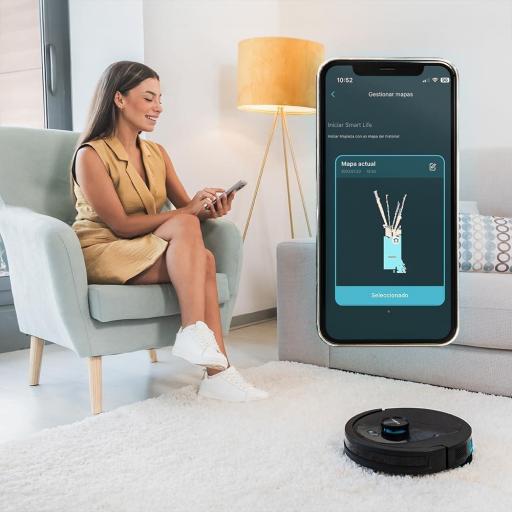  Robot aspirador Conga con tecnología de navegación láser. Limpieza 4 en 1: barre, aspira, friega y pasa la mopa. Potencia de succión de 4000 Pa. 120 minutos de autonomía. Cepillo central multifunción, mopa de fregado y 1 cepillo late [2]