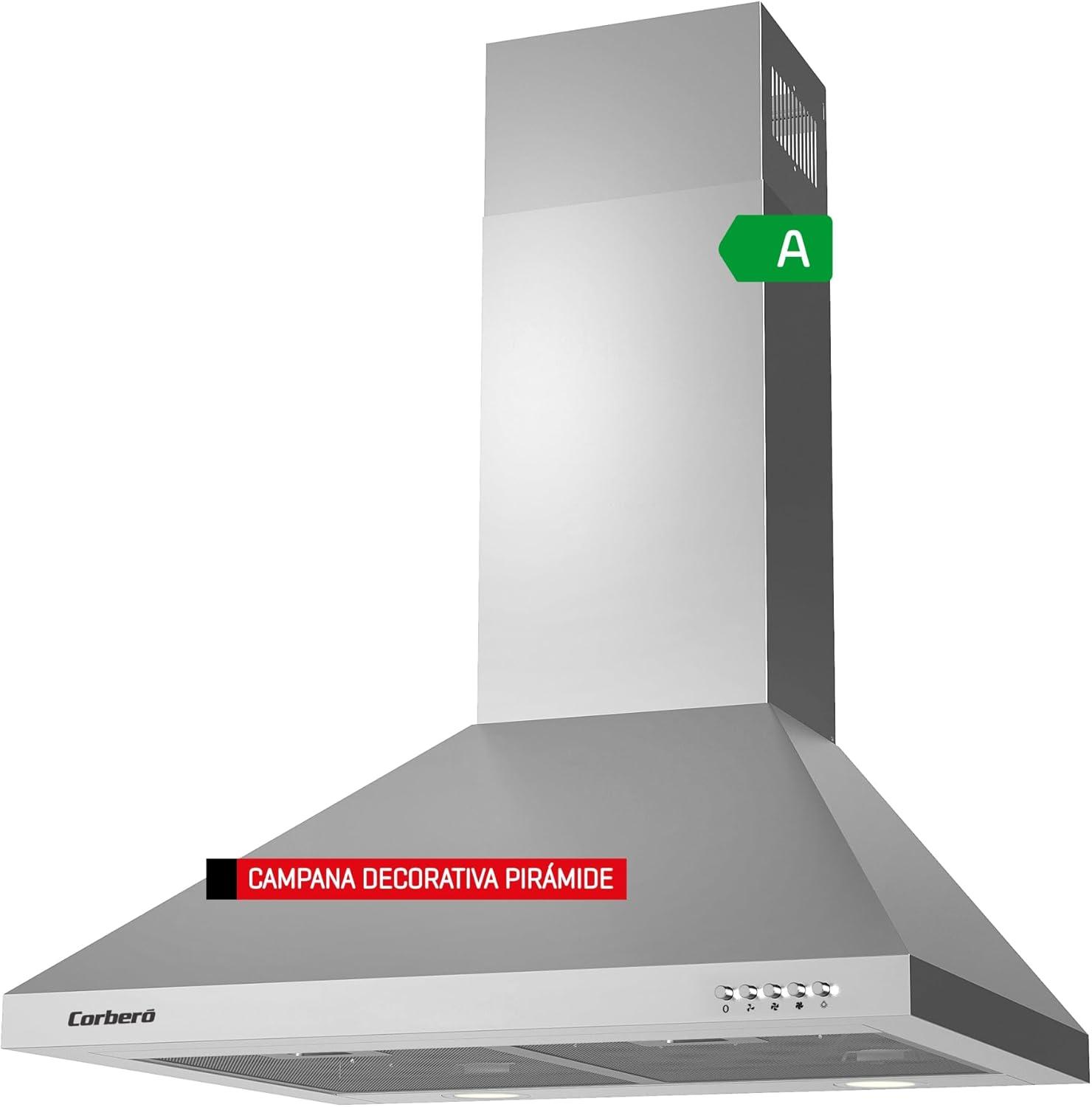 Campana Decorativa Pirámide Inox Corberó 60 cm Caudal 621,71 m3/h 3 Velocidades 2 X Filtro de Aluminio Eficiencia Energética A,